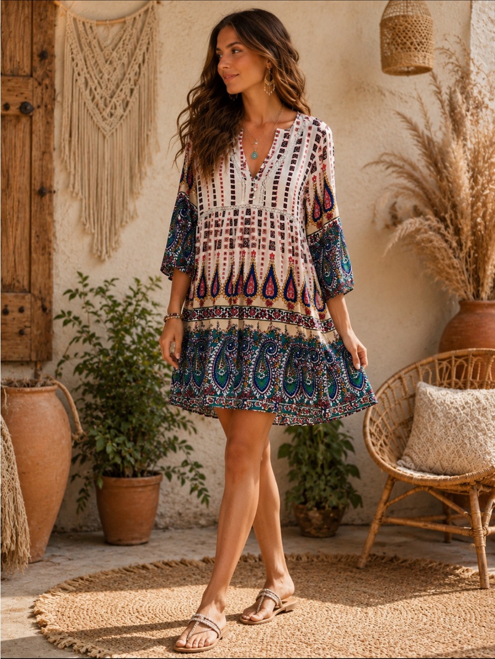 Umgee USA Boho Paisley Bell Sleeve Tunic Dress V-Neck‎ Crochet Trim Medium